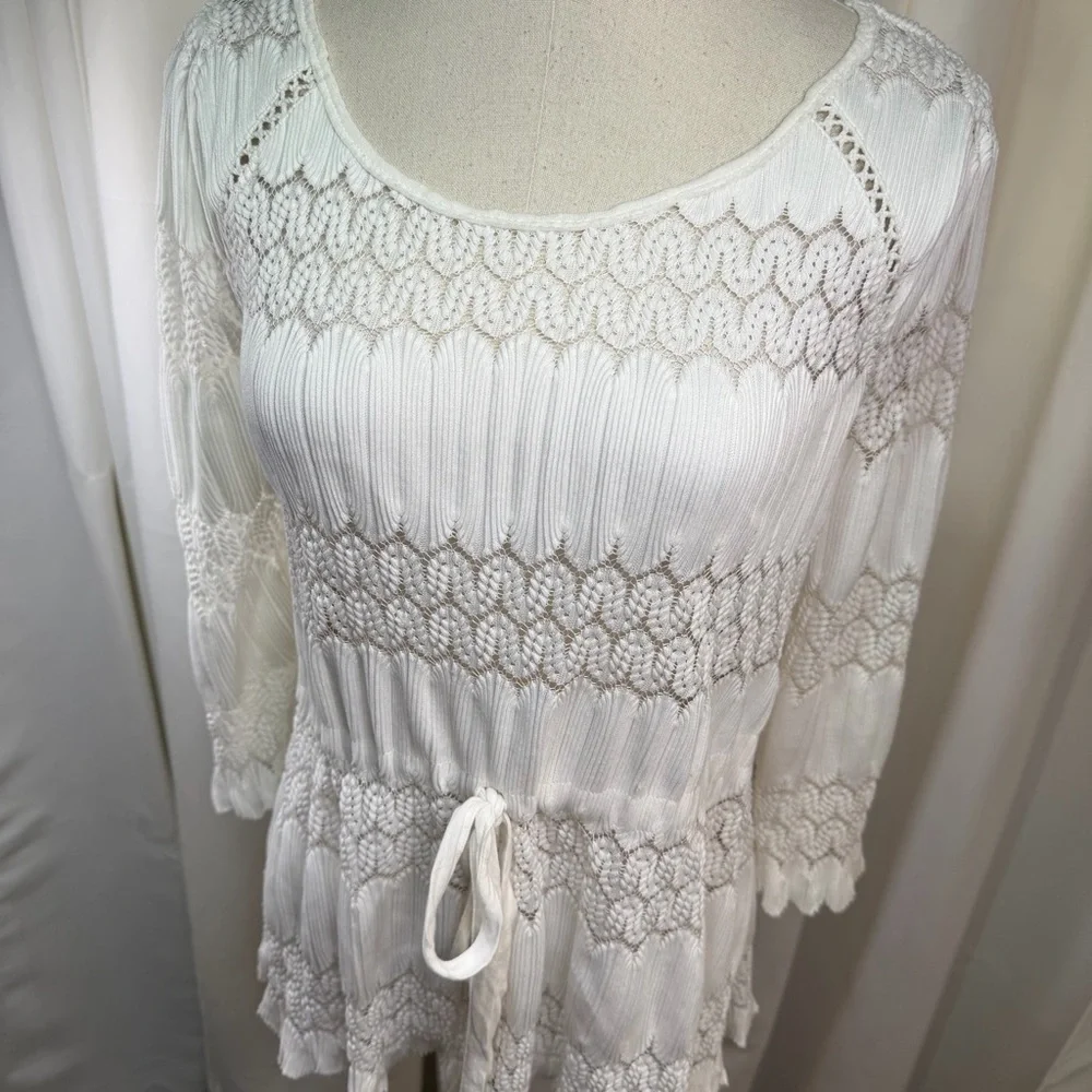 Free People ‘Fire Island’ Embroidered Keyhole Open Knit Peasant Top in White M